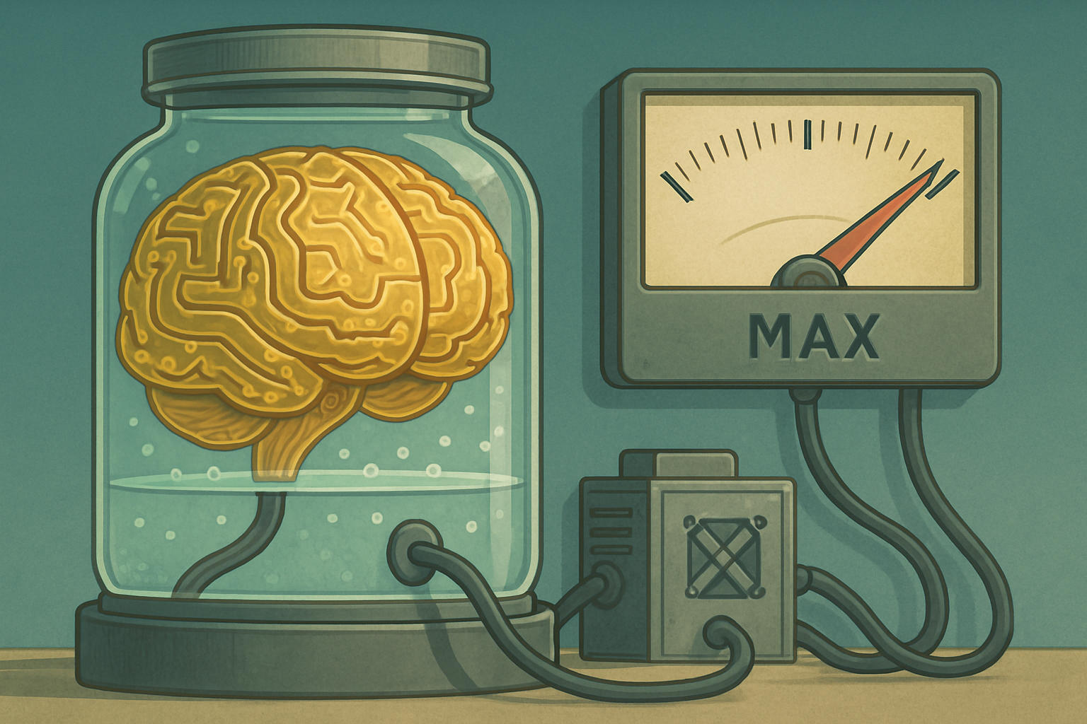 
Illustration of a glowing circuit-brain in a glass jar, wired into an industrial
power unit with a large gauge showing maximum power usage
